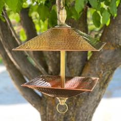 a metal bird feeder hanging from a tree