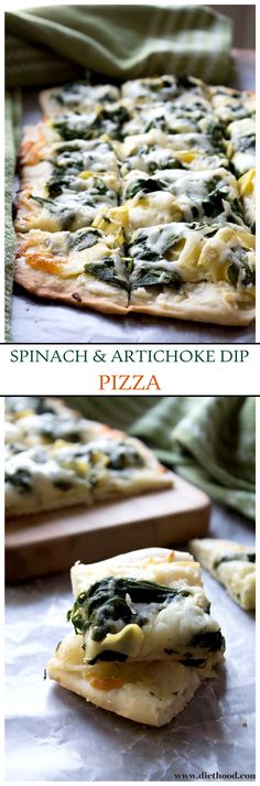 spinach and artichoke dip pizza on a cutting board