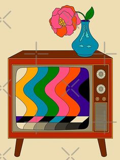 an old fashioned television with a flower on top and colorful lines painted on the screen