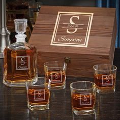 personalized whiskey glasses and decanter set with wooden box