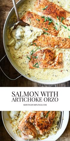 salmon with artichoke oozzo in a skillet on a wooden table