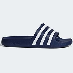 adidas Adilette Aqua Slides - Dark Blue-White (Side 1) Blue Slides, Adidas Sandals, Sneaker Sale, Adidas Adilette, Blue Clouds, Adidas Shop, Adidas Sportswear, Blue Adidas, Adidas Online