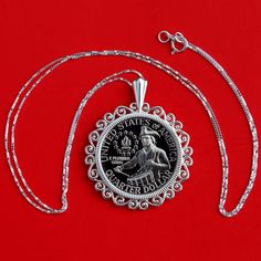 "You are looking at a gorgeous solid 925 sterling silver necklace, set with an authentic US 1776 - 1976 Washington Quarter Drummer Boy BU Uncirculated Proof Bicentennial Coin, mint marked \"S\". The coin is set with backside 4-prong. The pendant is made of solid 925 sterling silver, sized about 29mm(1.16\") x 23mm(0.92\"). It comes with a 18\" solid 925 sterling silver chain, and also a gift box. I hope you end up with one of these beautiful coin necklaces. This necklace will be great for gift, Stamped 925 Medallion Necklace For Anniversary, Classic White Gold Necklace For Commemoration, Classic Silver Necklace For Commemoration, Coin Necklace With Polished Finish For Anniversary, Anniversary Coin Necklace With Polished Finish, Coin Shaped Necklace With Polished Finish For Anniversary, Collectible Coin Necklace Stamped 925, Drummer Boy, Gifts For My Wife