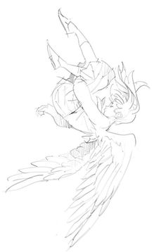 a pencil drawing of a girl with wings flying through the air and holding her arms out