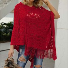 Red Lace Openwork Fringed Poncho Material: 100% Polyester Fit: True To Size Color: Red Red One Size Cape Poncho, Red One-size Poncho Cape, Red One-size Cape Poncho, Red One-size Cape Shawl, Red Cape Shawl For Winter, Red Winter Cape Shawl, Red Fringed Shawl For Fall, Red Fringe Shawl For Fall, Red Poncho For Beach In Fall