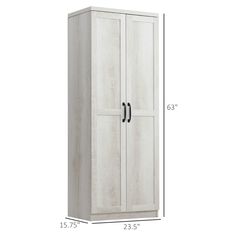 a tall white cabinet with two doors on the front and one door in the back