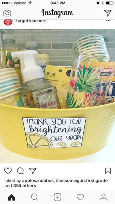 a yellow bucket filled with personal care items