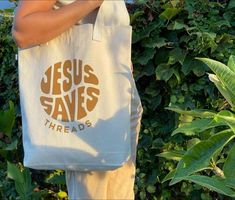 Jesus Saves Threads Tote Bag Easy 30 day return policy Christian Store Ideas, Ecobag Design Ideas, Christian Business Ideas, Jesus Aesthetic, Jesus Clothes, Christian Shirts Designs, Design Tote Bag, Diy Tote Bag