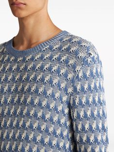 Find ETRO Intarsia-knit Cotton Jumper on Editorialist. cerulean blue/white cotton patterned intarsia knit crew neck long sleeves ribbed cuffs and hem Blue Knitted Wool Tops, Blue Workwear Sweater, Blue Merino Wool Tops For Work, Blue Merino Wool Tops For Workwear, Blue Merino Wool Top For Workwear, Blue Fitted Textured Knit Sweater, Blue Textured Knit Wool Sweater, Designer Blue Sweater For Fall, Blue Wool Knit Sweater