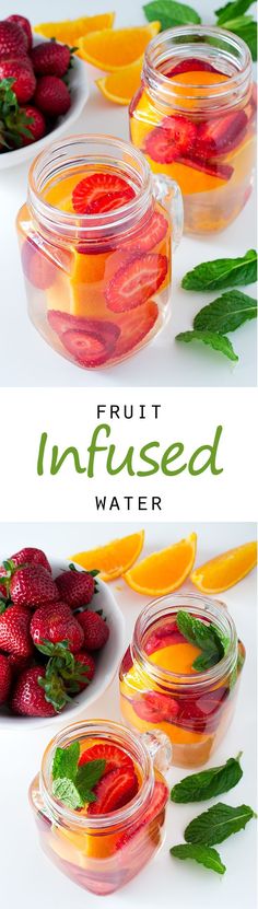 fruit infused water with strawberries, oranges and mint leaves on the side in glass jars