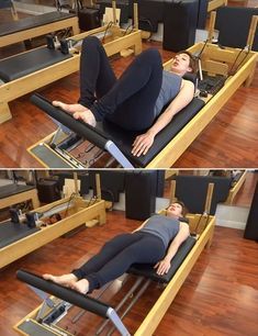 a woman laying on top of a bench in a gym