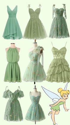 several dresses are shown in different colors and sizes, including one with a tinkerbell fairy