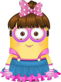 a cartoon minion with glasses and a pink bow on her head wearing a blue skirt