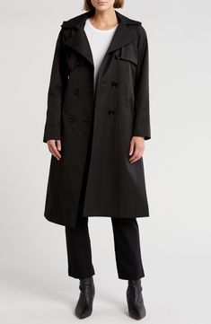 Shield yourself from the elements with the protection of a chic double-breasted trench coat. It features a belted waist for a flattering silhouette, double-breasted button front closure, and handy pockets. 42" length (size Small) Peak lapels Double-breasted button front closure Removable waist belt Lined 57% cotton, 43% polyester Dry clean Imported Modern Black Double-breasted Outerwear, Black Belted Gabardine Outerwear, Belted Black Gabardine Outerwear, Classic Black Outerwear With Belted Cuffs, Black Belted Pea Coat For Work, Black Double-breasted Outerwear With Belted Cuffs, Black Double-breasted Belted Pea Coat, Black Belted Double-breasted Pea Coat, Classic Belted Raincoat For Work