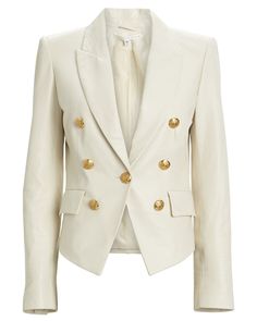 Product Details Veronica Beard's Cooke leather blazer is a sharply-tailored spin on the label's cult-favorite Dickey jacket. Detailed with gold-tone crested buttons. Notched lapels. Button cuffs. Sculpted shoulders. Hip flap pockets. Fabric: 100% lamb leather Lining: 52% cotton, 48% polyester Lining 2: 100% polyester Professional leather cleaning Imported Model is 5'10" and wearing size 2 Length from shoulder to hem: 26" Please note: This item was pre-shot and written from a sample. Details incl Black And White Wardrobe, Sculpted Shoulders, Leather Jacket Blazer, My Style Fashion, Leather Cleaning, Blazer Outfits, Chic Casual, White Blazer, Leather Blazer