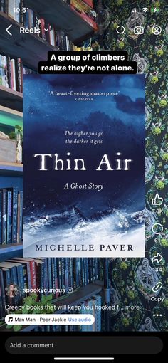 the book cover for thin air by michele paver is displayed in front of bookshelves