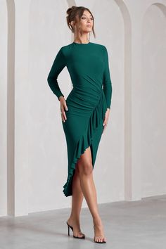 Dolce Vita | Bottle Green Long-Sleeve Ruffle Asymmetric Split Midi Dress Midi Bridesmaid Dress, Black Dress Prom, Midi Dress Style, Black Tie Gala, Green Maxi, Split Maxi Dress, Christmas Party Dress, Black Velvet Dress, Green Midi Dress