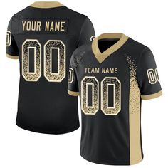 a black football jersey with gold glitters on the front and side, that says team name