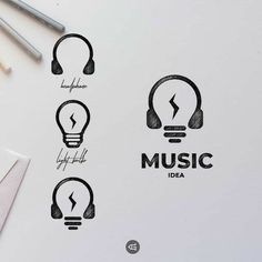 music logo design with headphones and lightbulbs on the top right hand corner