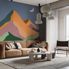 a living room filled with furniture and a painting on the wall next to a window