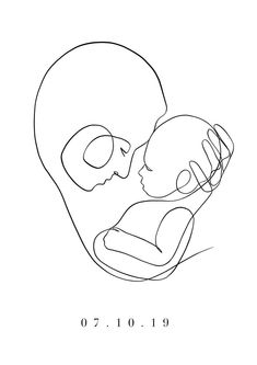 a black and white line drawing of a mother holding her baby in her arms with the birth date on it