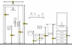 a bathroom with measurements for the toilet and sink