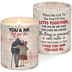 a candle with an image of two people hugging each other and the words you & me on it