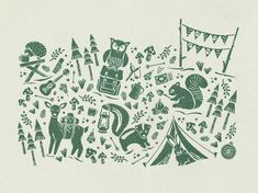 an illustration of animals and camping related items in green ink on white paper with bunting