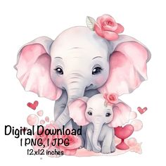 an elephant and her baby are surrounded by pink flowers on a white background with hearts