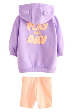 Your little one will stay comfortable as they play all day in this stretchy set that pairs a ribbed top with matching bike shorts and a  bright hoodie. Hoodie has front zip closure; fixed hood; elbow-length sleeves; split kangaroo pocket Bottoms have elastic waist Hoodie is 65% cotton, 35% polyester; top and bottoms are 61% polyester, 33% cotton, 6% elastane Machine wash, tumble dry Imported Spring Playful Loungewear Hoodie, Playful Spring Loungewear Hoodie, Playful Hoodie For Spring Playtime, Playful Hoodie For Playtime In Spring, Playful Spring Hoodie For Playtime, Casual Long Sleeve Activewear For Play, Spring Stretch Activewear For Play, Stretch Activewear For Spring, Ribbed Top