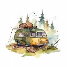 an old camper van is parked in the woods with logs on it's roof