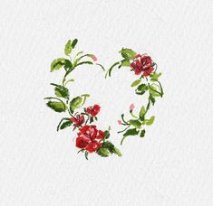 a painting of roses arranged in the shape of a heart with green leaves and buds