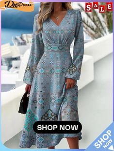 Women's Solid Color Stitching V-neck Long Sleeve Dress Blue Long Sleeve V-neck Dress For Fall, Multicolor V-neck Winter Dress, Winter Vacation Dresses With V-neck, Winter Vacation V-neck Dresses, Multicolor V-neck Midi Dress For Fall, Women's Fashion Dresses, Plus Size Outfits, Fashion Dresses, Solid Color