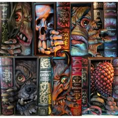 a collage of books with faces and monsters on them, all in different colors