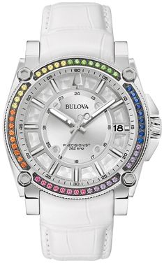 Bulova watch Model 96J122
From the ICON collection, this luxury watch is an astonishing interpretation of modern design, fueled by the most advanced precisionist technology in Bulova. Distinguished by angular lines and pronounced facets, the 40 mm silver stainless steel case has a hand-set telescope with a 52 52-life rainbow of 1.5 mm totaling 1.04 carats. The case is equipped with curved sapphire ice cream and is waterproof to 100 m. A radiant silver dial has a grooved texture and is segmented White Chronograph Watch With Round Dial, White Watches With Diamond Hour Markers, White Diamond Watch With Subdials, White Jewelry Watch With Diamond Hour Markers, White Chronograph Watch With Diamond Hour Markers, White Diamond Watch With Subdials And Round Dial, White Watches With Skeleton Dial, Modern White Diamond Watch With Round Dial, White Diamond Watch With Metal Dial