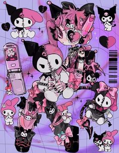 an image of some cartoon characters on a purple and black background with pink accents in the foreground