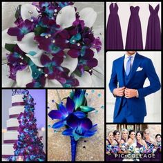 purple and blue wedding color palettes for the bride's bouquet, groomsmen dress