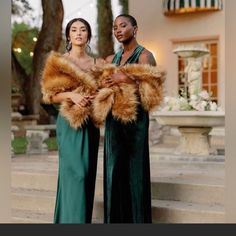 two women in long dresses standing on steps with fur stolers around their shoulders and arms