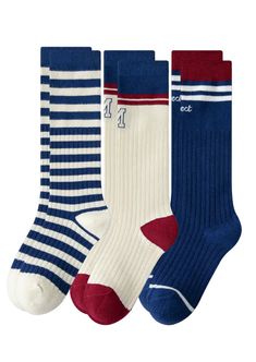 Just the sweetest socks for back to school. Set of two pair in Navy and Gray the perfect colors for your school uniforms. Super sweet knee high socks are sure to become her favorite. Ribbed knit socks in rich Autumn school colors 3-Pack includes one of each of Navy Stripe Navy Burgundy Cream Navy Store Uniform, Basic Socks, Retro Socks, Autumn School, Sock Designs, Fall Socks, Sock Store, School Socks, School Forms