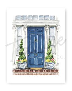 a blue door with two potted plants in front of it