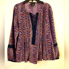 Nwot Never Worn Silk Boho Flowy Blouse Oversized Fit -- Up To A Size Large. Ptp 18.5 Length 25 Orange Long Sleeve Top With Boho Print, Blue Long Sleeve Blouse With Vibrant Print, Blue Top With Vibrant Print For Fall, Blue Tops With Vibrant Print For Fall, Casual Multicolor Long Sleeve Peasant Top, Orange Flowy Long Sleeve Tops, Casual Patterned Flowy Peasant Top, Casual Flowy Patterned Peasant Top, Casual Patterned Peasant Top For Fall