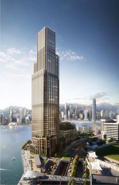 an artist's rendering of a tall skyscraper in the middle of a large body of water