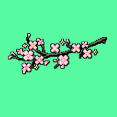 an old - school style pixel art image of flowers on a branch with green background