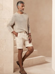 Casually indulgent, these relaxed shorts are specially-dyed for extra softness and dimensional color.  Using a blend of cotton and luxurious linen with vintage-inspired details, this is a versatile style you'll reach for over and over.  RELAXED FIT: What To Wear On A Cruise Men, Mens Linen Shorts Outfit, Mens Warm Weather Fashion, Jj Style, Men's Summer Outfits, Summer Outfits For Men, Summer Fits Men, Mens Resort Wear, Mens Linen Outfits