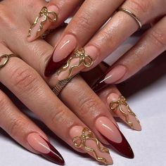 Unique Birthday Nails, Red And Gold Nails, Maroon Nails, Girly Acrylic Nails, Classy Acrylic Nails, Prom Nails, Classy Nails, Funky Nails