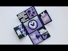 some cards with purple and white designs on them