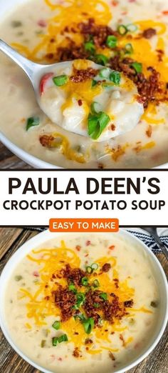 two bowls filled with potato soup and topped with cheese