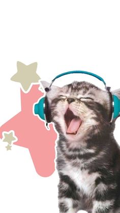 a cat wearing headphones and singing with its mouth wide open in front of stars