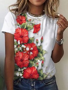 White Printed Crew Neck Top, Red Sublimation Print Top For Summer, Red Printed Crew Neck Top, Red Crew Neck Printed Top, Red Crew Neck Top With Print, Red Printed Short Sleeve Top, White Floral Print Crew Neck Top, Red Short Sleeve Top With Sublimation Print, Red Floral Print T-shirt For Summer