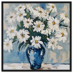 a painting of white daisies in a blue vase